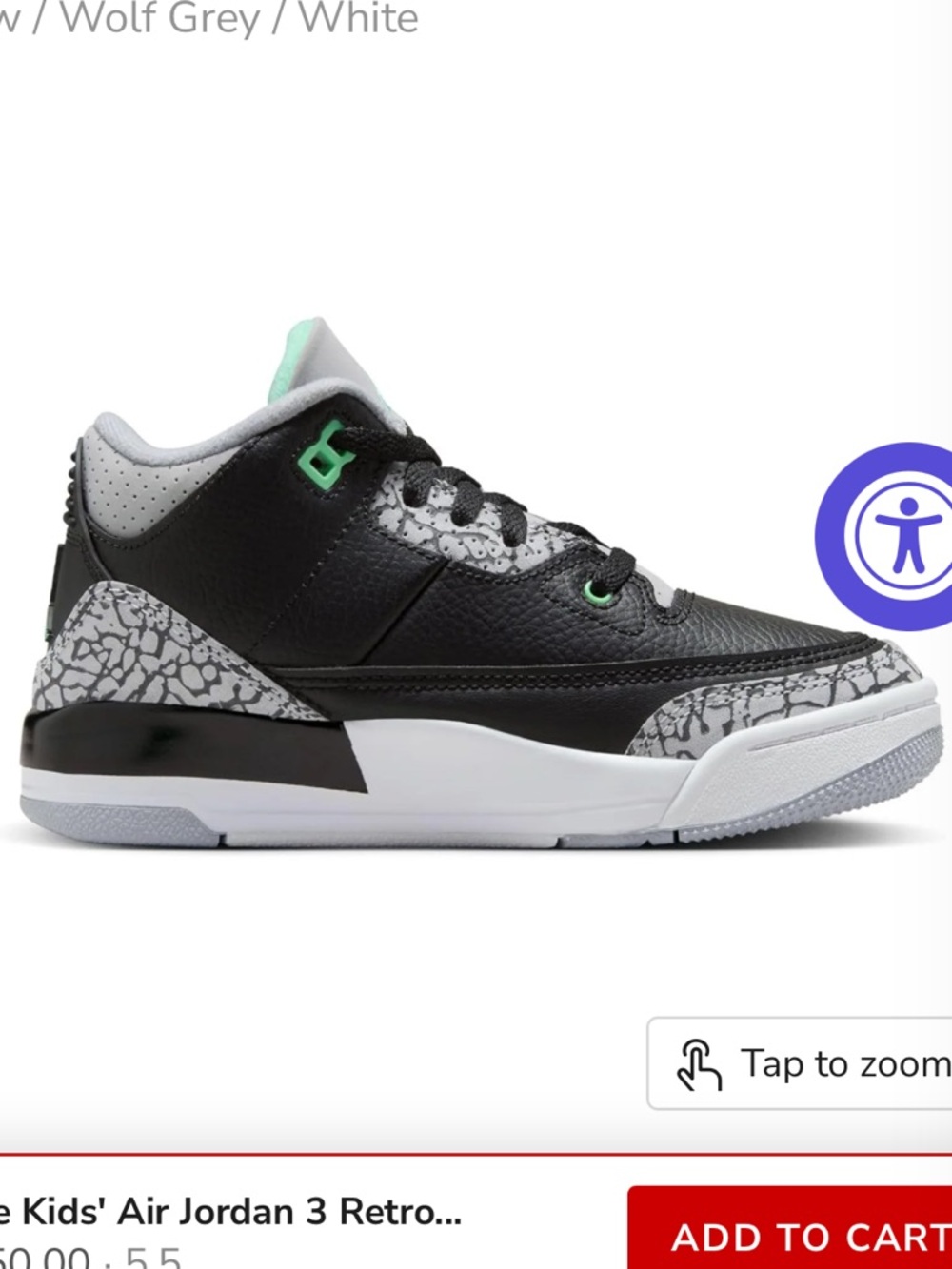 Air Jordan 3 Retro (PS) Black/ Green Glow-Wolf Grey Size 2Y with original box